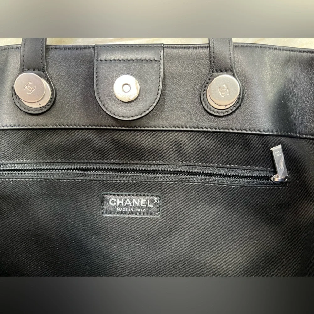 CHANEL COCO EYELET LARGE SHOPPING TOTE Black Calfskin Chain CC Bag Rare